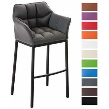 Taburete de Bar Damaso con Base de 4 Pies en Simil Cuero Gris y Negro, con Respaldo, Reposabrazos y Reposapiés