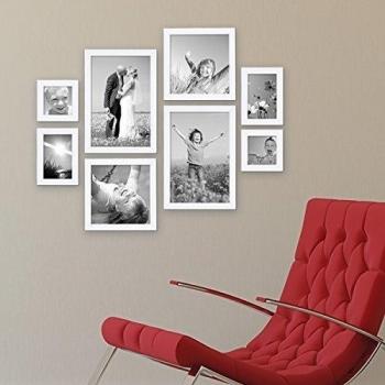 Photolini Juego de 8 Marcos Blancos, Modernos, MDF, respectivamente 2 de 10x10, 10x15, 20x20 y 20x30 cm, Incl. Accesorios, para conformación de Pared de imágenes o Fotos/Marco de Fotos