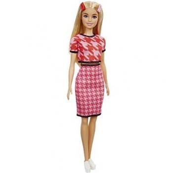 Barbie Fashionista Muñeca rubia con conjunto de falda y top pata de gallo y accesorios de moda de juguete