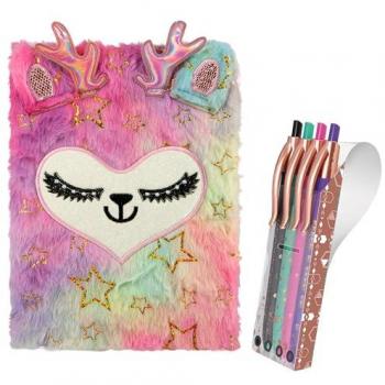 Libreta Peluche A5 Starplast con Tapa Felpa Extrasuave + Pack de 4 Bolígrafos MILAN de Colores, Hojas de punto para Lettering, Notas y Diario secreto - Regalo ideal para niños y
