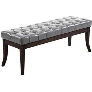 Banco CLP con patas de madera y asiento en simil cuero gris, Taburete CLP Recibidor Ramses en madera oscura de 120 cm