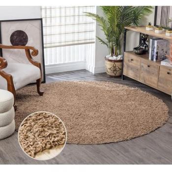 Surya Alfombra Redonda Shaggy Moderna Beige Oscuro Ø 160 cm, Pelo Largo, Unicolor, Chic