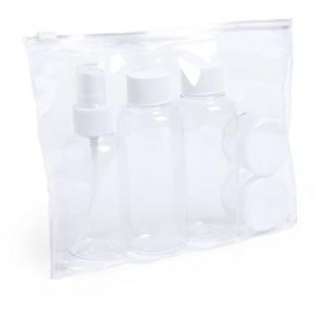 Set Neceser de Viaje 5 Accesorios Transparente con Tapones a Rosca Tamaño 20 x 18 x 4 cm Fabricados con PVC y PP