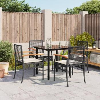 5-Piece Black Poly Rattan Garden Dining Set with Cushions