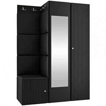 Conjunto de recibidor Hartford 388, Aglomerado laminado, Espejo, 116 x 186 x 46 cm, Negro, Cuero ecológico, MDF, Montada en la pared