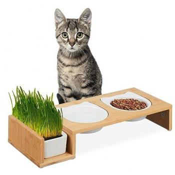 Comedero Elevado para Gatos con Cuenco de Hierba, 2 Platos de Cerámica de 400 ml, Apto para Lavavajillas, Natural/Blanco