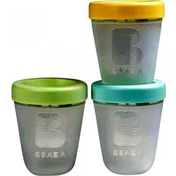 BÉABA - Botes de Conservación en Silicona para la Comida del Bebé - Juego de 3 - 100% Herméticos - Apilables y Encajables - Congelación/Descongelación - Microondas - Graduados - 200ml - Primavera