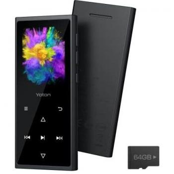 Reproductor MP3 Bluetooth, Yoton Reproductor MP3 con Botón Táctil con Pantalla HD de 1,8, Altavoces HD Integrados, Radio FM, Podómetro, Grabadora, Auriculares y Tarjeta SD de 64 GB incluida