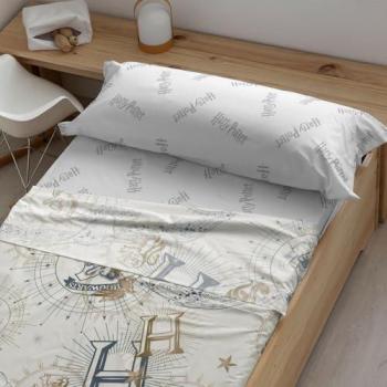Juego de Sábanas con Almohada y Bajera Estampadas 100% Algodón Modelo HPotter Gold Beige para Cama de 105, Talla 175x270