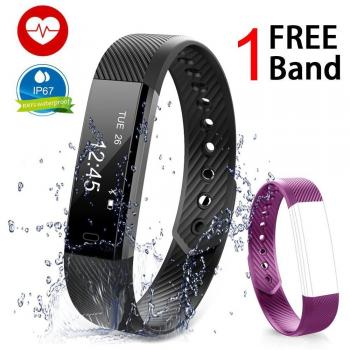 Pulsera Actividad Con Una Correa Púrpura Gratis , Pulsera Inteligente Deportiva con Monitor de Ritmo Cardíaco y Sueño, Contador de caloría, Podómetros, Pulsómetros, Notificación de Mensaje, Clima, Despertador, Impermeable IP67 y Bluetooth 4.0 Compa