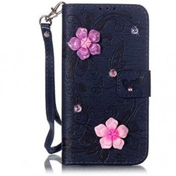 case cover para Samsung Galaxy S6 Edge G9250,Crisant Pegar la flor del rhinestone diseño función billetera Con Ranura Para Tarjetas Soporte Protección flip Teléfono Celular Cuero funda Carcasa para Samsung Galaxy S6 Edge G9250 Azul profundo