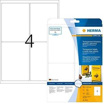 Etiquetas Transparentes HERMA 8019, 99.1 x 139 mm, Brillantes, Autoadhesivas, Paquete de 100 Etiquetas (25 Hojas)