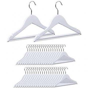 Set de 40 Perchas Infantiles de Madera con Ganchos Giratorios a 360°, Color Blanco, Dimensiones: 18 x 30,5 cm