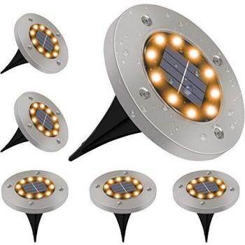 Luces Solares Exterior GolWof 6 Pack 10 LEDs Luces Solar de Tierra IP65 Impermeable Acero Inoxidable Luce de Tierra Lamparas Solares Jardin para Jardín Césped Patio Escalera Pasarela - Blanco Cálido