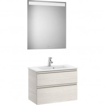 Conjunto de mueble de baño compacto Roca The Gap con 2 cajones, lavabo y espejo con luz LED, color Fresno nórdico