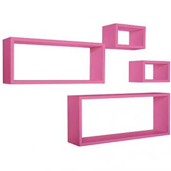 Estantes rectangulares de pared fucsia - Conjunto de 4 piezas modelo Merlino, medidas 75x30 cm, 60x25 cm y 2 de 25x15 cm