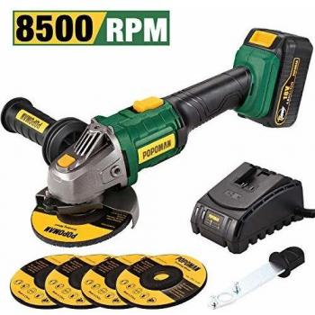 POPOMAN Amoladora Angular, 18v Amoladora angular Herramienta 4.0Ah batería de 115 mm y 8500 RPM, con Mango Anti-vibraciones, 5 ruedas de molienda, Cubiertas Protectoras de Ruedas, Llave inglesa