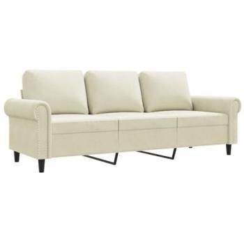 Sofá de 3 Plazas en Terciopelo Color Crema 180 cm con Respaldo y Reposabrazos