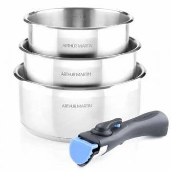 Batería de Cocina Arthur Martin 3 Piezas - Acero Inoxidable - Manico Removible - Compatible con Inducción
