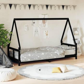 Estructura de cama para niños con punta redonda, color negro, 80x200 cm, hecha de madera maciza de pino