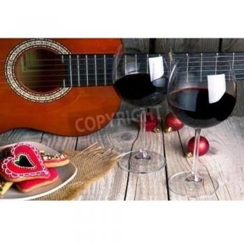 La guitarra y el vino romántica - 120x80 cm - Impresiones sobre lienzo - Muro de arte