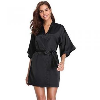 Vlazom Bata Mujer Verano Corto y Sexy, Kimono Mujer Vestir de Satén de Manga 3/4, Batas Novia Boda de Seda con Cinturón,XXL,Negro
