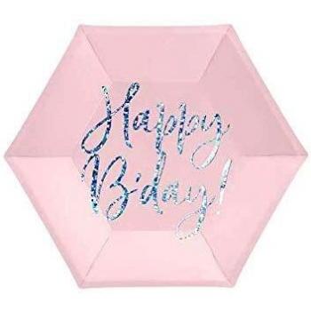 PartyDeco Platos de papel rosa con texto iridiscente Happy B'day, platos de cumpleaños, decoración de mesa, vajilla de papel desechable