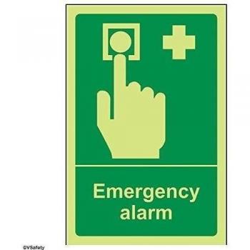 Señal de alarma de emergencia VSafety que brilla en la oscuridad, 100 mm x 150 mm, plástico rígido