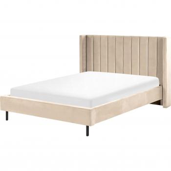 Cama Matrimonial de Terciopelo Beige 140 x 200 cm con Somier de Listones Estilo Moderno Villette