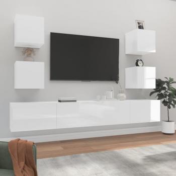 Set de muebles de TV 6 piezas madera contrachapada blanca brillante 100 x 30 x 30 cm