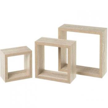 Set de 3 Estantes Cubo Flotantes de Madera MDF Beige con Herrajes - Capacidad 5 kg - Medidas 25x25x9cm, 20x20x9cm y 15x15x
