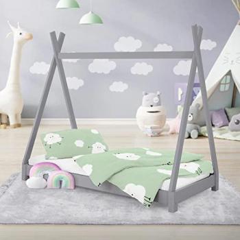 Cama Infantil Tipi Estructura de Madera de Pino Gris Claro 140x70 cm con Somier y Diseño de Casa para Juegos
