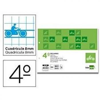 RECAMBIO LIDERPAPEL CUARTO PAUTAGUIA 100 HOJAS 70 G CUADRICULADO PAUTADO 8 MM CON MARGEN 2 TALADROS APAISADO