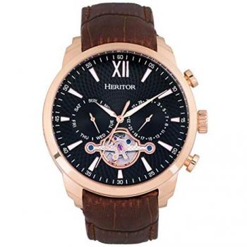 Heritor Automatic Arthur Semi-Skeleton Leather Watch with Day-Date - Rose Gold/Black