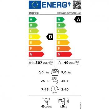 Lavasecadora Electrolux ED7W3964LV de Libre Instalación, Carga Frontal, 9 Kg Lavado/6 Kg Secado, 1600 RPM, Clase D, Blanco