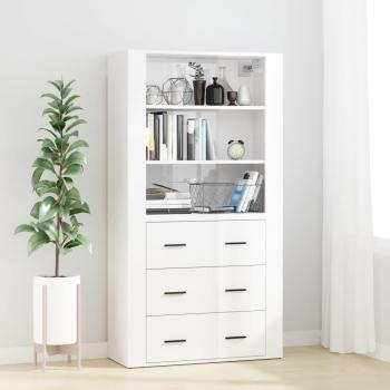 Aparador alto de madera contrachapada blanco brillo con puertas y cajón, mueble de almacenaje moderno para salón, armario auxiliar y de almacenamiento