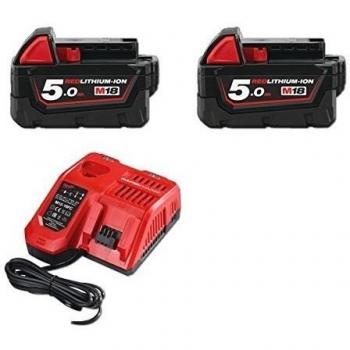 Kit Milwaukee M18 NRG-502 - Pack de 2 baterías 18V 5Ah Red Lithium + cargador + batería adicional 12V 2Ah