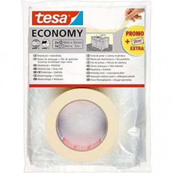 tesa Cinta de Pintar ecoLogo ECONOMY - Cinta de Pintor, Removible Sin Residuos hasta 4 Días Después, Sin Disolventes - Estrecha, 2x 50 m x 30 mm + película de portada