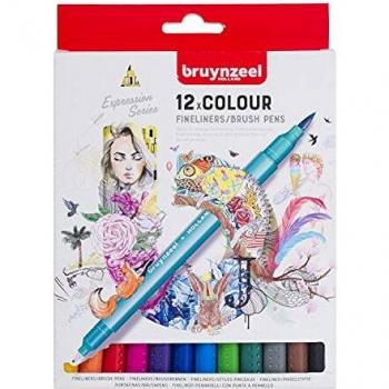 Rotuladores Bruynzeel Doble Punta Pincel y Fina, Estuche de 12 Colores, Referencia 60325012