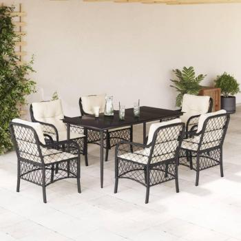 7-Piece Black Poly Rattan Garden Dining Set with Cushions