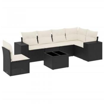 7-Piece Black Poly Rattan Garden Sofa Set with Cushions