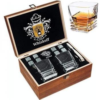 Juego de Regalo de Copas de Cristal Roca - Vaso Scotch con Base Fuerte - Caja de Regalo de Madera - Piedras