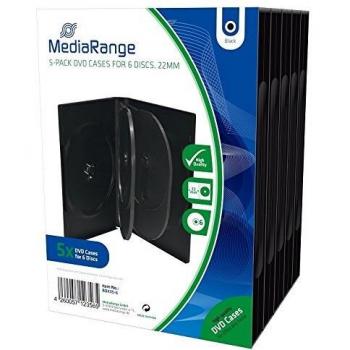 MediaRange BOX35-6 -Estuches de 6 ranuras para CD, DVD y Blu Ray con bolsillo de cubierta transparente, 22 mm, negro, paquete de 5