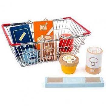 small foot company- Conjunto de Alimentos en la Cesta de Compra Fresh de Madera,Juego de Accesorios para la Cocina de los niños Juguetes, Multicolor