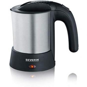 SEVERIN Juego de Hervidor de Viaje, 0,5 L, Incl. 2 Tazas de Plástico, Cuchara y Bolsa de viaje, 1000 W aprox., WK 3646, Acero Inoxidable/Negro