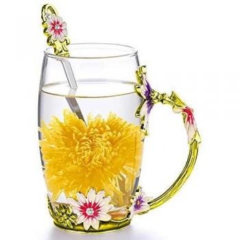 COAWG Taza Grande de Vidrio Esmaltado, Crisantemo Cristales de Cristal Claro Tazas de Té y Café con Mango de Flores Regalo para Profesor Amigo Cumpleaños Navidad San Valentín 350 ml - 1Pc