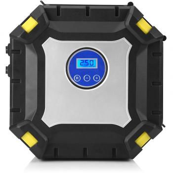 Qiilu Compresor de Aire Portátil Coche, Inflador de Neumáticos 12V 100 PSI con Pantalla Digital, Luz LED y 3 Adaptadores de boquillas para Vehículos, Motos, bicis, Pelotas, Objetos hinchables