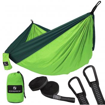 SONGMICS Hamaca Ultraligera, Hamaca Doble Portátil, Capacidad de Carga 300 kg, Peso 650 g, 275 x 140 cm, para Mochilero, Camping, Senderismo, Patio, Jardín, Verde Ligero y Verde Oscuro GDC20GN