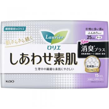 Kao Laurier Happy Bare Skin Deodorizing Napkins for Heavy Daytime Use with Wings, 25cm, 15 pcs