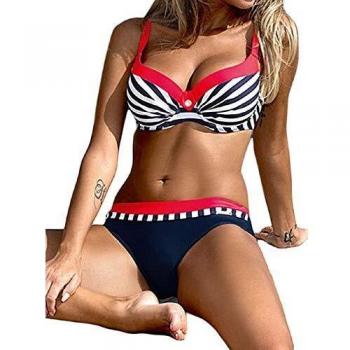 Voqeen Mujer Bikini de Gradiente de Color Establece Retro Empuja hacia Arriba Dos Piezas Acolchadas Lunares/Rayas/Cristal Impresa Ropa de Playa Traje de baño